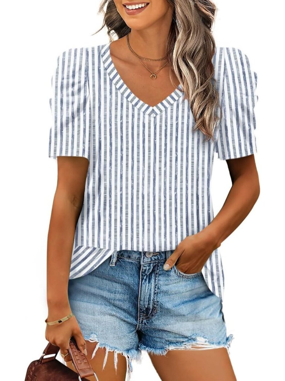 Women's Blue Stripe Polyester Blend Puff Sleeve V Neck Pull On Henley Shirts